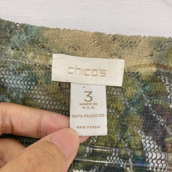 Chico's size XL/3 Green Brown Floral Split Neck Mesh Stretch Artsy Boho Blouse - Picture 2 of 9